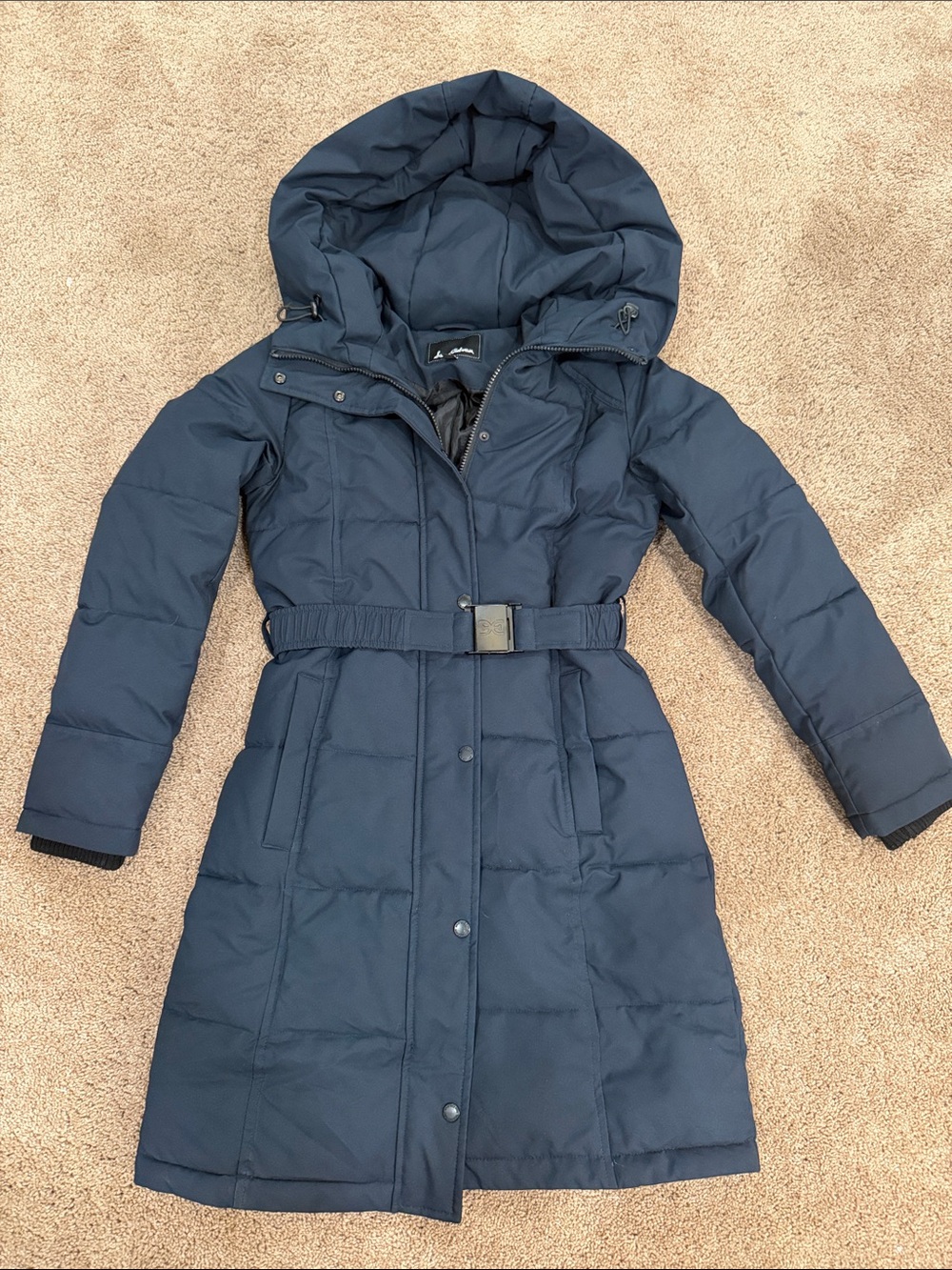 Sam Edelman Navy Heavy Hooded Belted Puffer Coat
